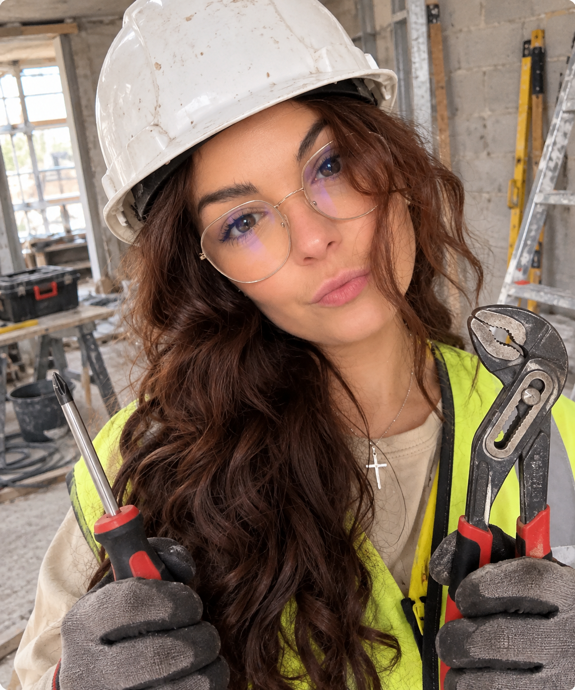 Babeth la bricoleuse avec son casque de chantier et ses outils